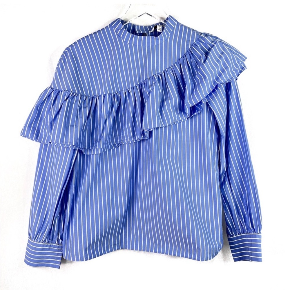 & Other Stories Blue Striped Asymmetrical Ruffle Top Long Sleeve Blouse Poplin 6